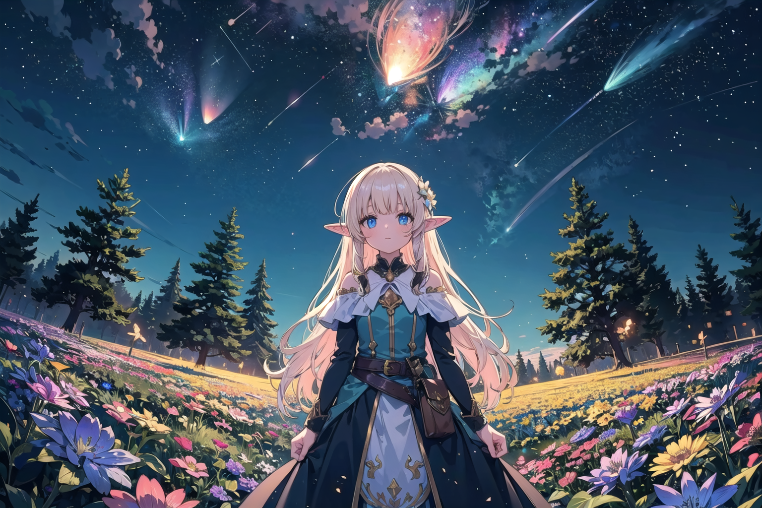 (masterpiece),  1girl,  long hair,  elf,  forest,  tree,  scenery,  fantasy,  crystals,  light particles,  glowing,  flower,  flower fields,  night,  star,  milkyway,  nebular,  close-up,  firefly,  comet,  shooting star
