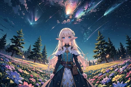 (masterpiece),  1girl,  long hair,  elf,  forest,  tree,  scenery,  fantasy,  crystals,  light particles,  glowing,  flower,  flower fields,  night,  star,  milkyway,  nebular,  close-up,  firefly,  comet,  shooting star