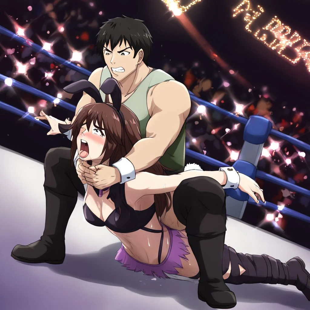 Near a village, in a stable, crowd in background, black man grabs a bunny girls neck in a wrestling camel clutch move
camel clutch, wrestling, mixed wrestling, ((maledom)), fFaceDetail
<lora:camel_clutch-000013:0.85>