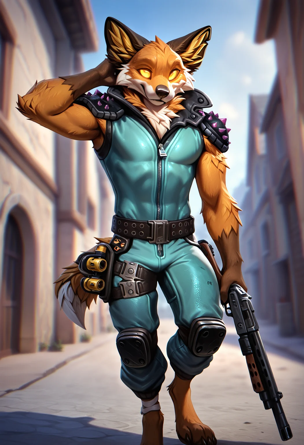 photorealism, photorealistic, chromatic aberration, depth of field, blurry background, detailed fur, looking at viewer, dutch angle, close up, (fennix:1.2), fortnite, male focus, solo, 1boy, holding weapon, holding shotgun, furry, anthro, clothes, colored sclera, shoulder armor, glowing eyes, (syuro:0.8), (nomax:0.5), (honovy:0.6), (kenket:0.6), (taran fiddler:0.6), masterpiece, best quality, amazing quality, very aesthetic, absurdres, newest, <lora:Fennix_Fortnite_Illustrious:1.0:1.0>, front view, full-length portrait, looking at viewer, hand on head, gloom (expression)