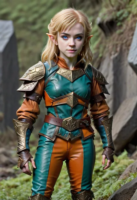 photo of pale (Age 19) female (halfling:1.75), flat chested, rectangle body shape, shaggy blonde, middle part, blue eyes, (F41Arm0rXL orange/green druidic leather armor and pants), homely, tiny, petite, thin, toned, lithe, full body, outdoors, HDR