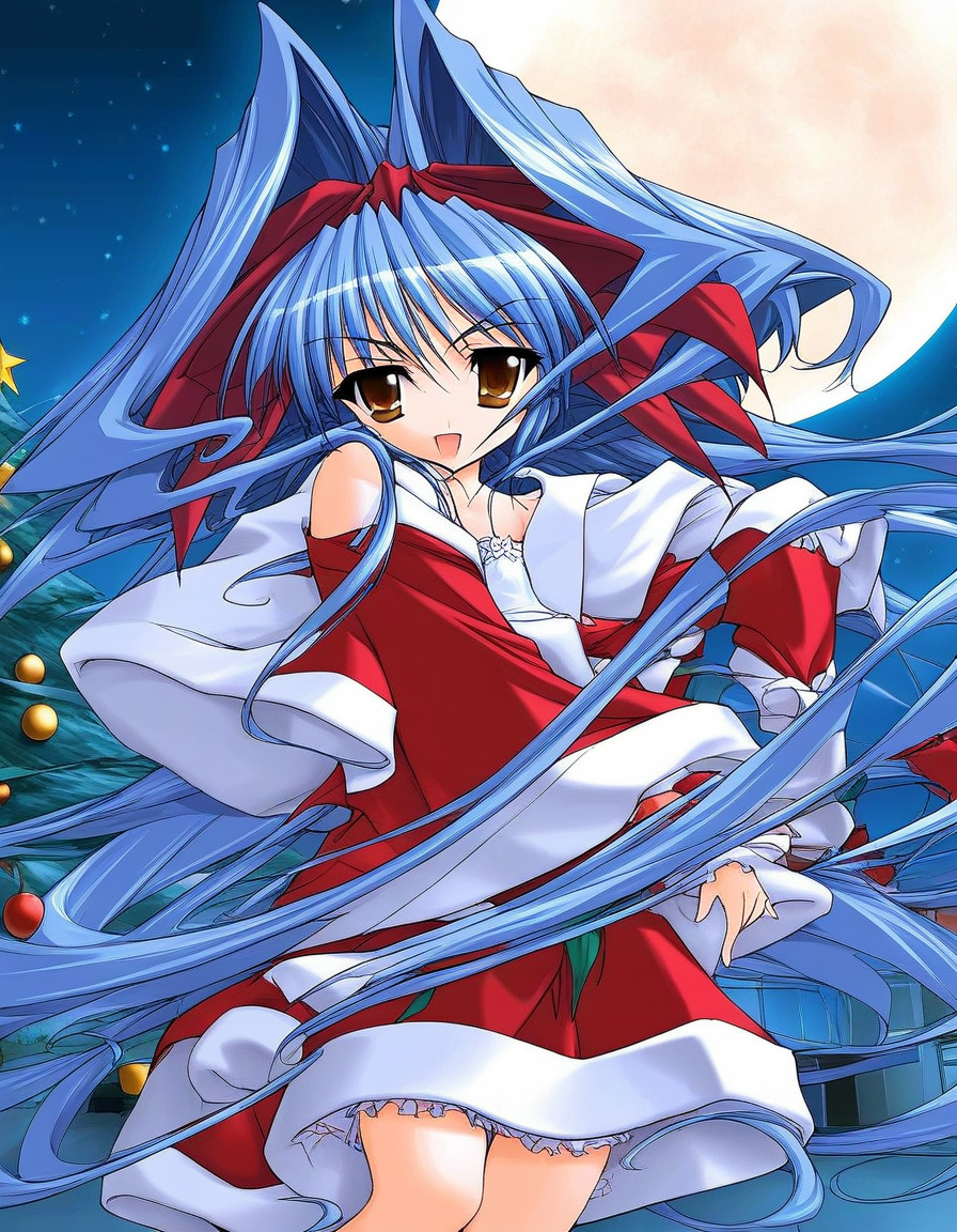 score_9, score_8_up, score_7_up, source_anime, rating_explicit, BREAK  <lora:Shion_mahjong_XL:1> Shion_mahjong, very long hair, blue hair, hair bow, hair intakes, brown eyes, flat chest, short stack,
Christmas, SantaClaus,  night, starry sky,  full moon,
looking at viewer, 
cowboyShot,