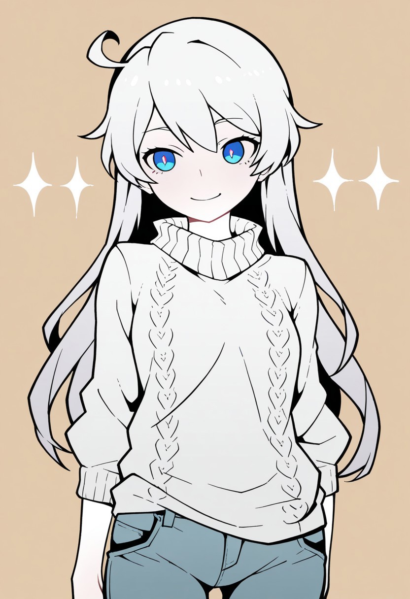 masterpiece,best quality,amazing quality, very aesthetic,kiana kaslana,white hair,solo,add detailed eyes,blue eyes,dressed,happy,long hair,roll-up sweater,jeans,AkablStyle, AkablStyle, flat_color