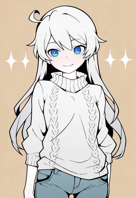 masterpiece,best quality,amazing quality, very aesthetic,kiana kaslana,white hair,solo,add detailed eyes,blue eyes,dressed,happy,long hair,roll-up sweater,jeans,AkablStyle, AkablStyle, flat_color