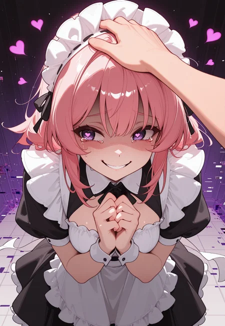 1girl, pov, arm, headpat, CivChan, hunched over, (three quarter view), pink hair, purple eyes, tearing up, heart-shaped pupils, hands to chest, averting eyes, evil grin, clasped hands, floating hearts, glitch, maid outfit, [yandere],
(takashia \(akimototakashia\):0.5), (sam yang:0.5), (ciloranko:0.5), (moshimoshibe:0.5),
[masterpiece, best quality, absurdres, very aesthetic, dynamic pose]