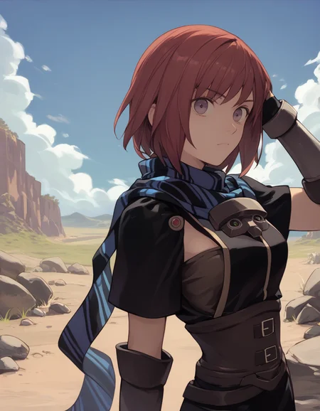 score_9, score_8_up, score_7_up <lora:nel-zelpher-ponyxl-000020:1> nel zelpher, black dress, short dress, striped scarf, vambraces, fingerless gloves, black thighhighs,
upper body, fixing hair, looking at viewer, rocks, dirt road, sky
