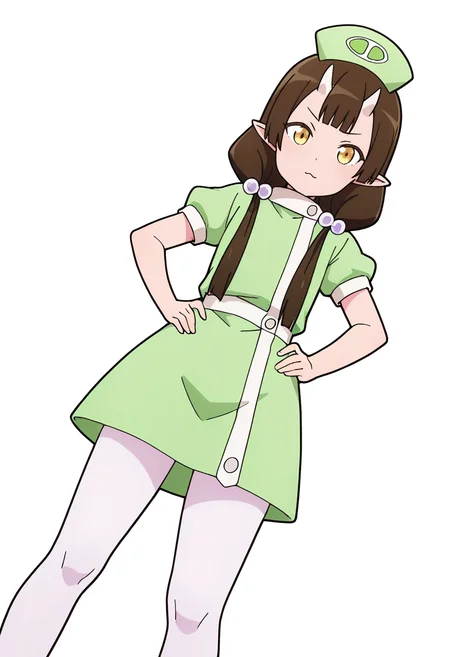 Smooth Quality,masterpiece,very intricate, high quality details, ultra realistic, high detailed skin,detailed enviorement,absurdres,
beckoning,solo,
<lora:Care_Resumisu_CNR:0.8> care_cnr, 1girl,brown hair, pointy ears, long hair, yellow eyes, oni, low twintails, skin-covered horns, brown eyes, care_green_cnr, green dress, short sleeves, white pantyhose,puffy sleeves, puffy short sleeves, green shirt, shirt, hat, nurse cap, hair bobbles,, simple background, white background, dutch angle,
standing, hands on hips, feet apart, determined, looking forward, ,, fur-trimmed jacket, ,fishnet top, ,layered skirt,,, =^=,