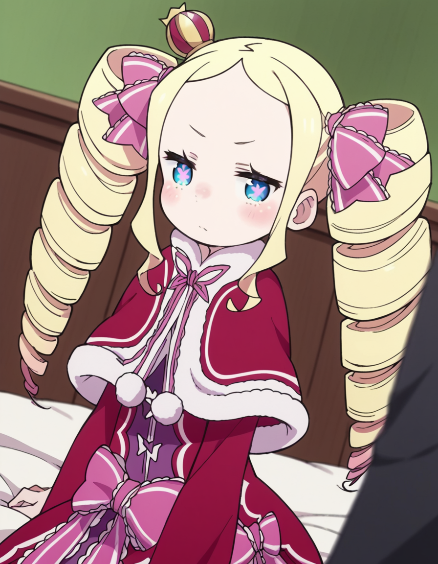 score_9, score_8_up, score_7_up, source_anime, <lora:rezero-beatrice-s3-leak-ponyxl-lora-nochekaiser:1>, beatrice, long hair, blue eyes, blonde hair, twintails, hair ribbon, sidelocks, symbol-shaped pupils, drill hair, twin drills,, dress, ribbon, fur trim, capelet, crown, mini crown, red capelet, frills, bowtie,, indoors, bed, bed room, on side, blush, drunk, looking at viewer, solo,, cowboy shot, dutch angle
