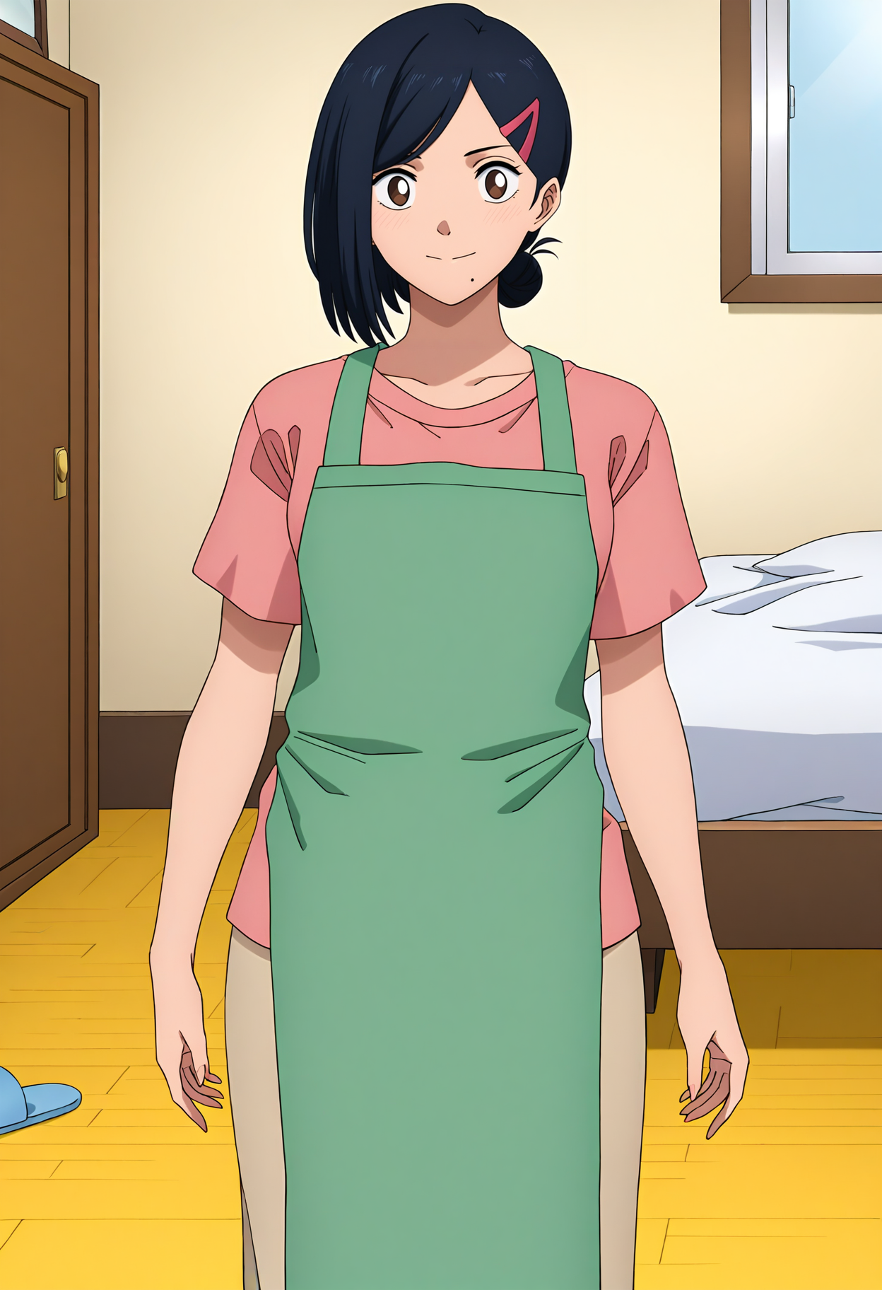 best hands, <lora:sakamoto_oyako_IL1.1:0.8> (looking at viewer:1.5), on floor, seductive pose
sakamoto_oyako, anime_style, aoi, 1girl, solo, mature female, mother, single hair bun, mole, brown eyes, black hair,
pink shirt, brown long skirt, slippers, socks, green apron,
BREAK indoors, bedroom, bed, window, closed mouth,