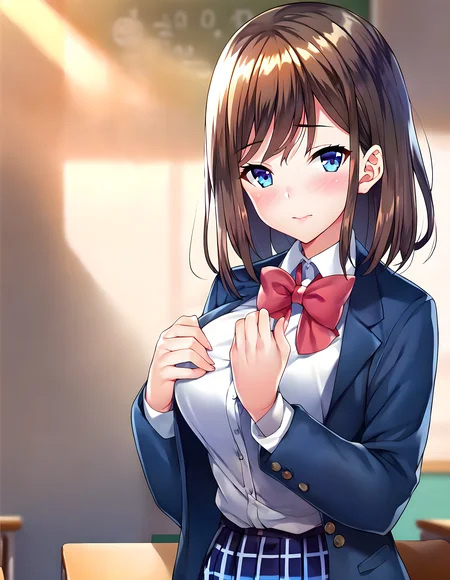 <lora:pony_xl_yayoi:0.9>,yayoi,score_9,score_8_up,score_7_up,source_anime,1girl,solo,school uniform,blue jacket,open jacket,long sleeves,white collared shirt,red bowtie,blue mini skirt,plaid skirt,pleated skirt,shiny hair,classroom,after school,dusk,standing,blush,hands in front of your chest,upper_body,front view,looking_at_viewer,