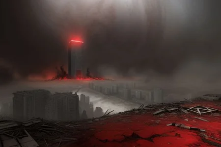 realistic, hyper-realistic, ultra detailed, 8k, photo,
Wasteland city ruins, Collapsed modern city to ruins, red dust in every corner, very low vegetation, Collapsed city, ruined dark skyscrapers in distance, duststorm in sky,
Dark sky, cloudy sky, bleeding sky, dark red energy storm,
shiny black monolith in the far distance,
some bone pieces in the ground,