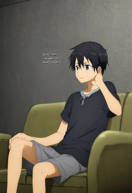 high resolution, solo, best quality, 1Boy, Kazuto Kirigaya, Black Hair, Black Eyes, deep talk, depression, sit, couch, OverallDetail