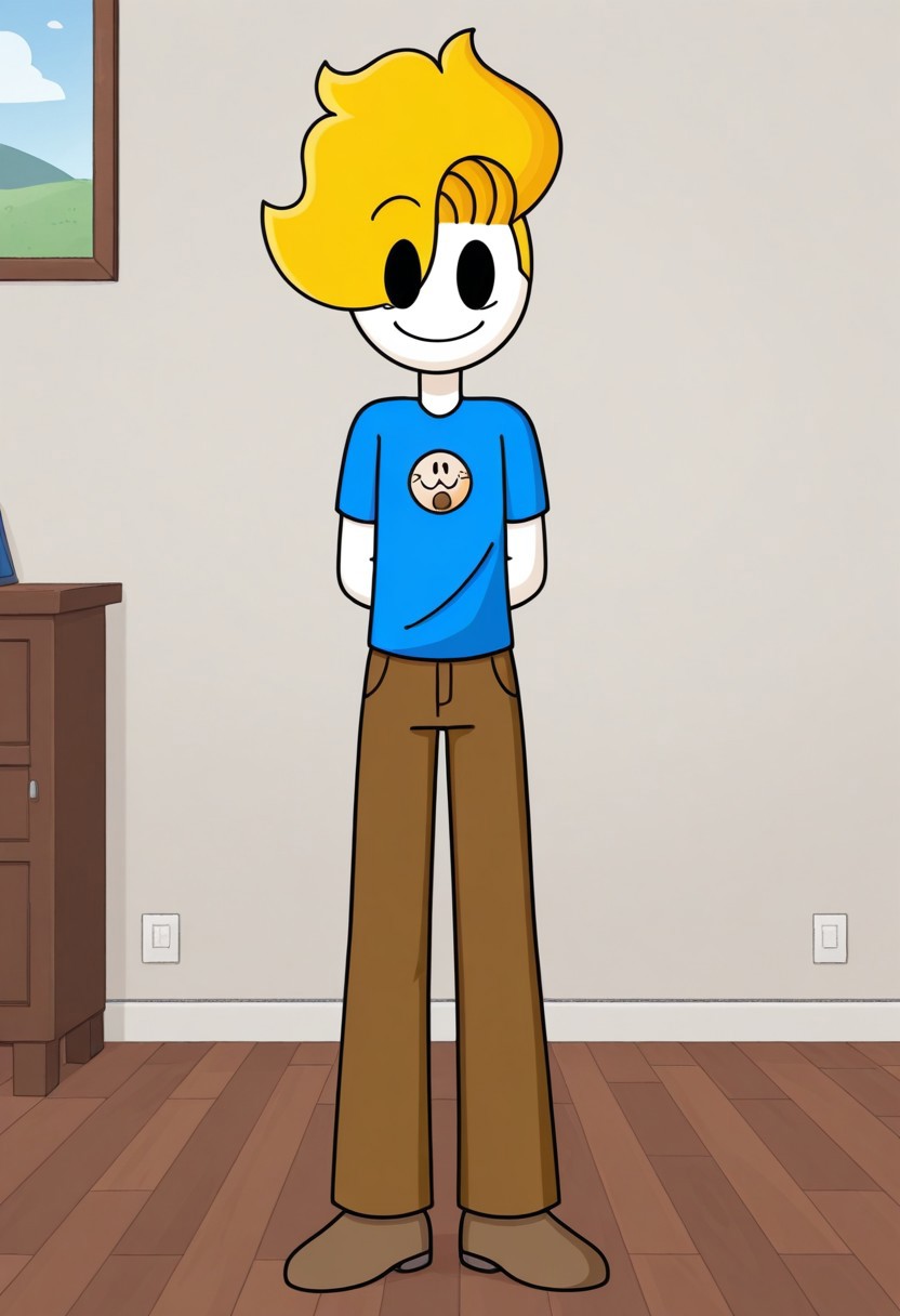 score_9, score_8_up, score_7_up, Bryson_(Haminations), 1boy, solo, blonde hair, black eyes, pale white skin, blue shirt, short sleeves, brown pants, brown shoes, smile, looking at viewer, indoors