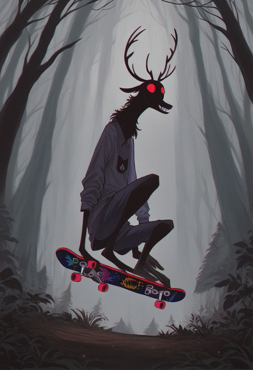 score_9, score_8_up, best quality, insane detail, Wendigo riding a (skateboard:1.2), forest backdrop, f3nn3r, 1girl, no humans, colourful, pink, blue, black, red, trippy