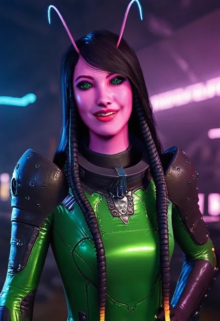 1girl, score_9, score_8_up, score_7_up, masterpiece, high quality, 3d, realistic, very detailed, depth of field, neon lighting, solo, alone, cgi, makeup, lips,
vgmantis, 1girl, pink skin, black hair, antennae, green eyes, antennae, green eyes, black hair, hand on hip, long hair, front braids, armor, shoulder armor, green tunic, 
indoors, spaceship interior, dark, smiling, facing forward, closeup, portrait, looking at viewer, headshot, happy,