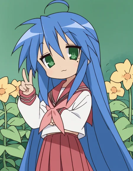 score_9, score_8_up, score_7_up, source_anime, <lora:konata-izumi-s1-ponyxl-lora-nochekaiser:1>, konata izumi, long hair, very long hair, green eyes, blue hair, ahoge, mole, mole under eye,, skirt, long sleeves, school uniform, pleated skirt, serafuku, sailor collar, neckerchief, red skirt, ryouou school uniform,, gardening, watering plants, backyard, flowers blooming, sunny day,, , v, v over eyes,, looking at viewer, solo,, dutch angle, cowboy shot