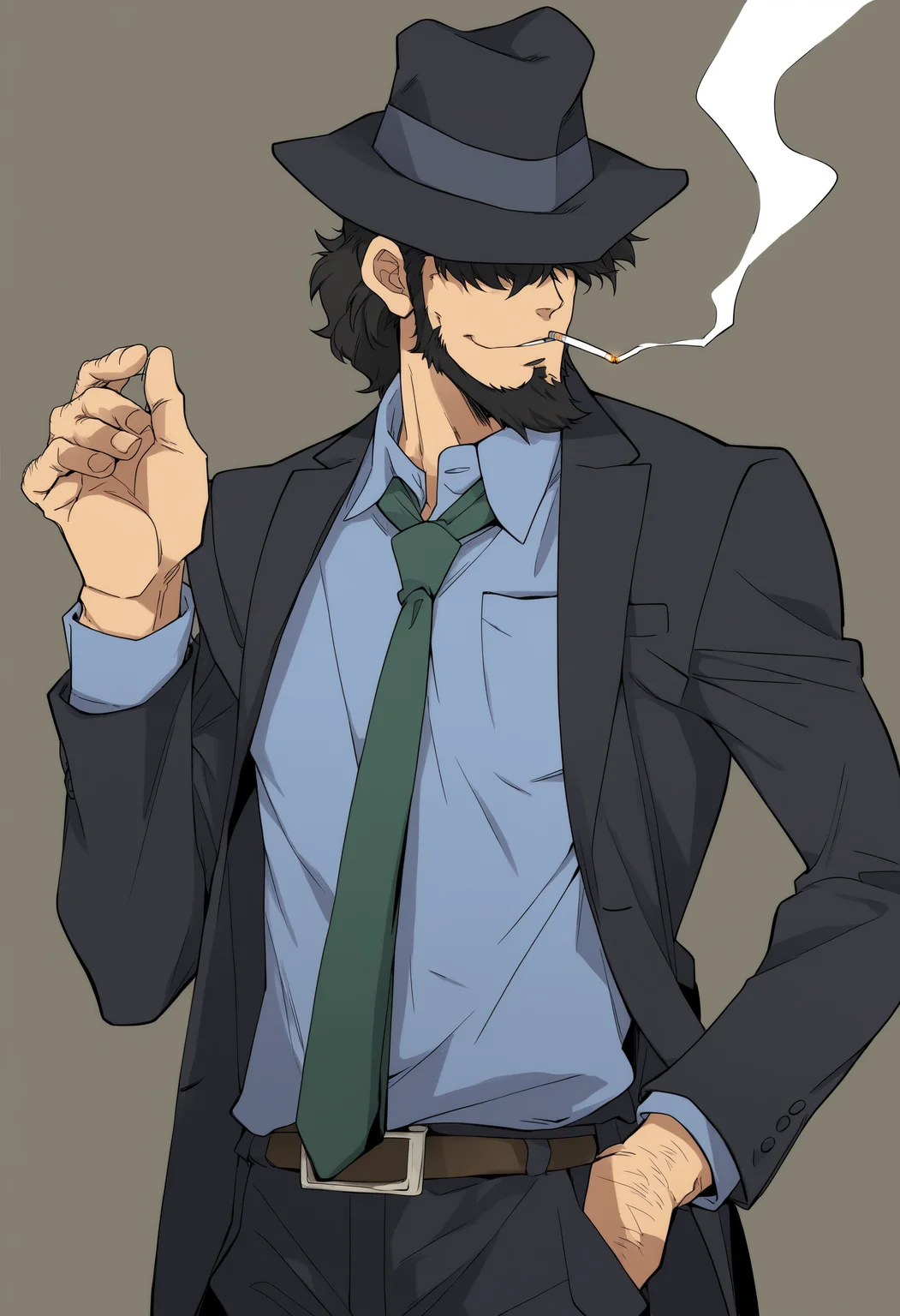 1boy, male focus, jigen_daisuke, lupin iii, black hat, black hair, messy hair, hair over eyes, sideburns, beard, cigarette, smoke, smoking, suit, hand hair, solo, simple background, dark background, best quality, amazing quality, best aesthetic, absurdres, naoesdoodle <lora:naoesdoodle_AnimeBoysXL_v0.8:1>