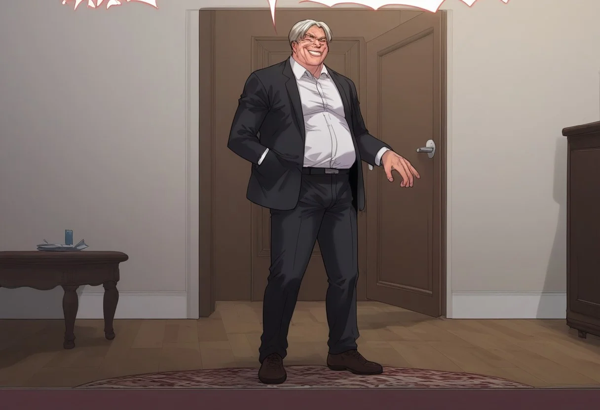 score_9, score_8_up, score_8_up, 1boy (old man, wearing black suit, white collared shirt underneath), man standing in doorway, lit doorway, door slamming open, wooden brown door, full body view, man smirking, man opening door, badass, solo male, close up on mans face, high resolution,
man flanked by two Yakuza, Yakuza wearing tuxedos,
indoor setting, indoors,night,carpet,stage,stripper pole,curtains,table,l
pink theme,pink light,pink neon stage, gothicPXL
