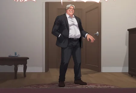 score_9, score_8_up, score_8_up, 1boy (old man, wearing black suit, white collared shirt underneath), man standing in doorway, lit doorway, door slamming open, wooden brown door, full body view, man smirking, man opening door, badass, solo male, close up on mans face, high resolution,
man flanked by two Yakuza, Yakuza wearing tuxedos,
indoor setting, indoors,night,carpet,stage,stripper pole,curtains,table,l
pink theme,pink light,pink neon stage, gothicPXL