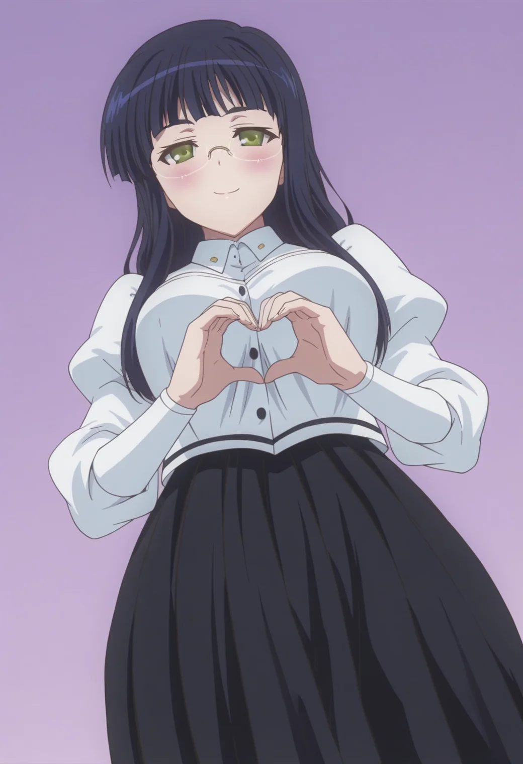 anime screencap, anime coloring,  <lora:DX888Mikan:1> mikan, green eyes, black hair, long hair, hair down BREAK simple background, purple  background,  BREAK   glasses, white shirt, puffy sleeves, black skirt, long skirt, BREAK    1girl, blush, breasts, closed mouth, cowboy shot,  heart hands, solo, from below, dutch angle,smile,