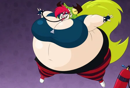 demencia, red hair, green ponytail, striped thighhighs, single striped sock, anklet, green monster hood, yellow eyes, sharp teeth, dark blue hoodie, single striped sleeve, red sneaker, blue sneaker, black skirt, smile, eyeshadow, spiked bracelet, zipper pull tab, torn pantyhose, glove, tongue out, clothed, inflating, floating, body inflation, breast expansion, inflated arms, inflated legs, leaning forward, helium tank, hose in mouth, by truegrave9 <lora:InflationXL-02-PonyXL-e050:1>