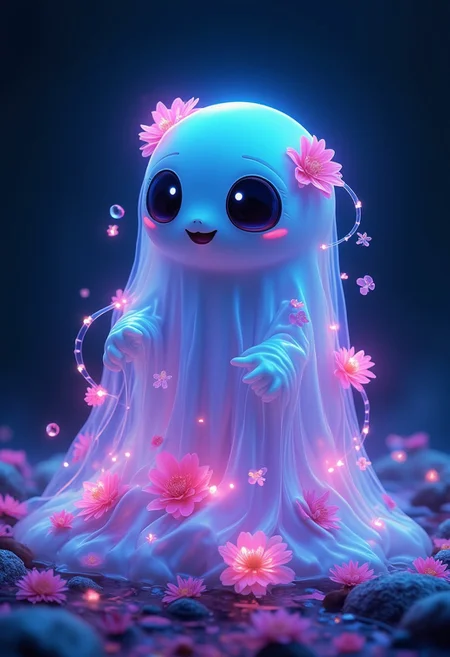 art by anne stokes,mandy disher, "highly detailed & intricate professional photography of an adorable friendly chibi ghost in a sheet composed of translucent Electroluminescent jelly; wearing flowers like the 1970s; Abstract concept art; 8k resolution; a trending masterpiece on Artstation; Captured in vivid triadic colors using Unreal Engine 5 and Octane for CG Society, the image is a surreal feast for the eyes", luminism, ultra highly detailed, 32 k, complex background, dynamic lighting, lights, digital painting, intricated pose, highly detailed intricated. Studio Ghibli Genshin Impact