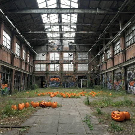 old abandoned factory decorated for halloween <lora:Halloween_XL:1>