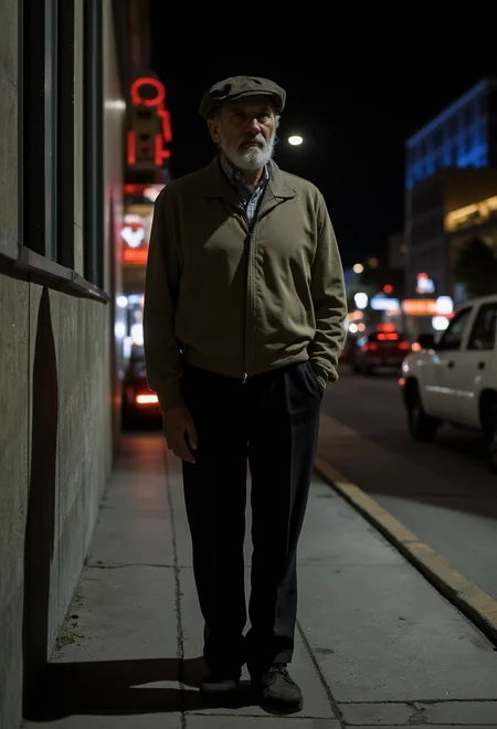 S4DC1NE. An old man is standing on the street at night next to a building.