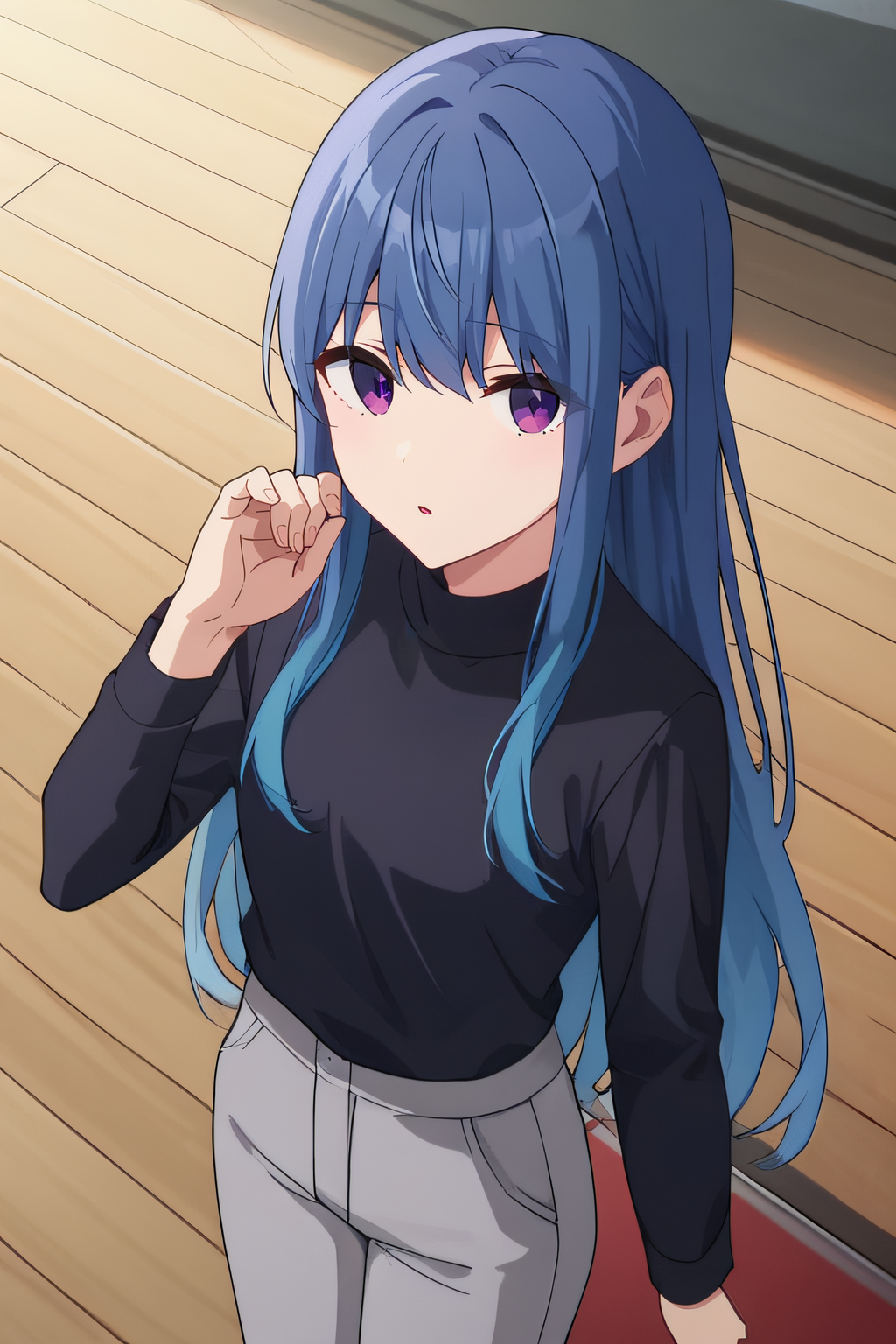 score_9, score_8_up, score_7_up, source_anime, rating_safe, intricate details, anime screencap, official style, 1girl, <lora:Shima_Rin:1>, shimarin, blue hair, purple eyes, long hair, black shirt, long sleeves, grey pants, looking at viewer, indoor, from above, hand on hair, parted lips, hand up