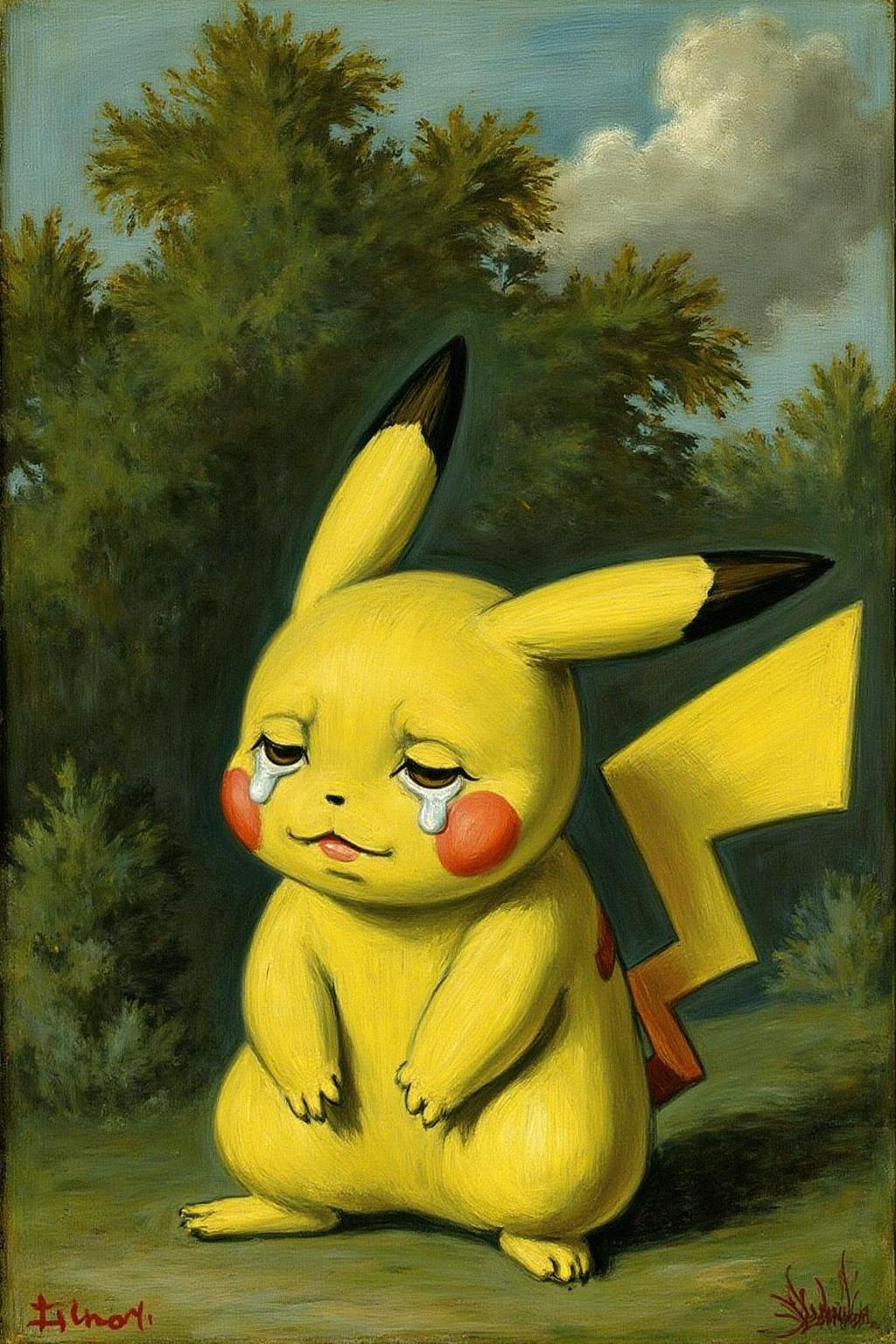 fraha1 painting 
Pikachu crying, large tear drops on his face, under a green tree  <lora:fraha2_nocap_d6a3:1.0><lora:806983454228061510:0>