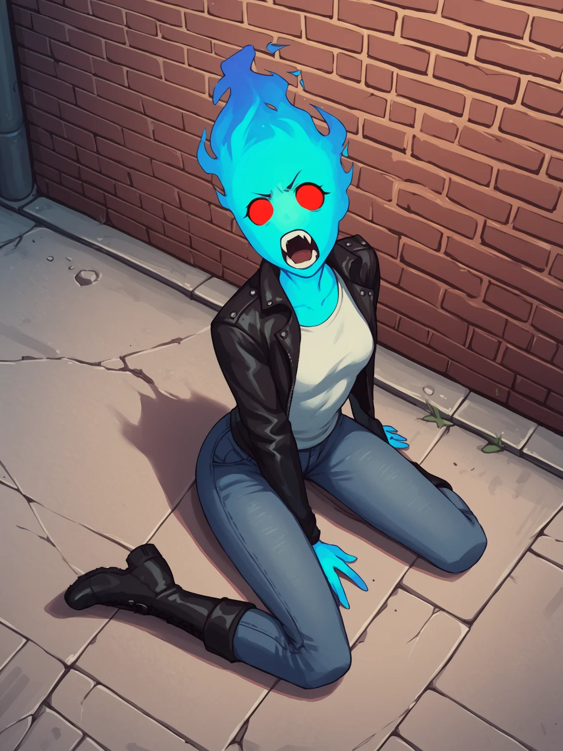 score_9, score_8_up, score_7_up, score_6_up, score_5_up, score_4_up, detailed background, outside, city, street, alley, brick wall, high-angle view BREAK <lora:FireHuman:1> FireHuman, blue fire, empty eyes, red eyes, looking at viewer, looking up, annoyed, angry, open mouth, fangs, screaming, slim, small breasts, wide hips, leather jacket, black jacket, t-shirt, jeans, boots, sitting on ground