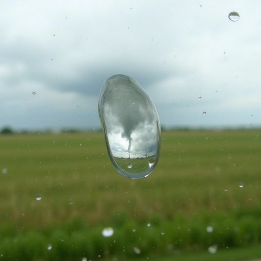 Photography close-up of  a rain drop on a glass pane. In the rain drop, there is a very distorted and inverted image of a tornado, with the sky at the bottom and the ground at the top. The tornado can be seen very blurry in the background. Overcast day in a prairie landscape <lora:refraction-000111:1>