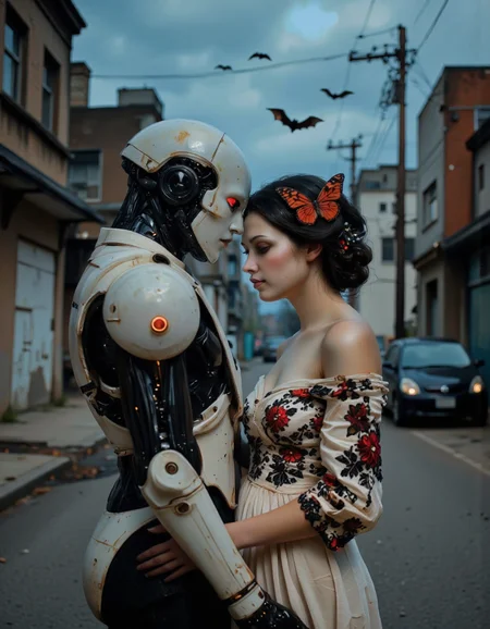 SentinelBot. This is a highly detailed CGI illustration featuring a scene of a humanoid robot and a woman standing closely together in an urban setting. The woman, with an ethereal, almost ghostly appearance, has fair skin, dark hair elegantly styled in an updo adorned with a vibrant red butterfly clip. She wears an off-the-shoulder, off-white dress adorned with intricate black lace and red floral patterns, giving it a gothic, almost Victorian vibe. Her delicate features and pale complexion contrast sharply with the robot's sleek, metallic form.
The robot, standing opposite her, has a sleek, futuristic design with a white and black color scheme. Its head is devoid of any facial features, but its eyes glow a menacing red, adding an eerie aura to its presence. The robot's body is composed of smooth, reflective surfaces with hints of black detailing, suggesting advanced technology.
The background depicts a dimly lit street with an abandoned, dilapidated building on the left and a modern structure on the right. The sky is overcast, casting a blue hue over the scene, and a few bats are seen flying in the distance, adding to the eerie atmosphere. The street is deserted, with a few parked cars visible in the distance. <lora:The_Vanguard:1.1>
