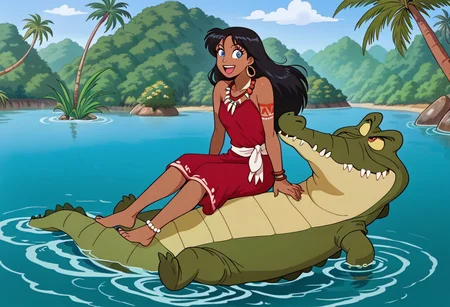 Tick tock crocodile,male animal focus, crocodile open large mouth ,green skin, blue eyes, Tick Tock the crocodile is giant and very huge size,teeth, swimming in water,partially submerged,Tick Tock the crocodile looking at a young Choi mochimazzi who she is sitting on a rock. choim, Kairi ,long hair, black hair, dark-skinned female, tropical,blue eyes,red flowers hair, blue native long_dress, jewelry, dark skin,smile,laught,necklace_pearl, bracelet, red tribal tattoo,wristband,anklet, barefoot,open mouth,river,palm trees, jungle tropical, Disney, anime,manga