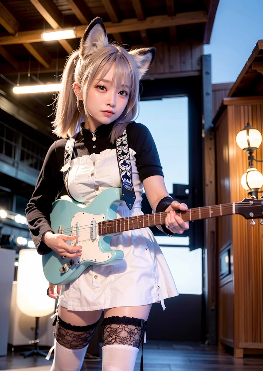 <lora:LoraLandmineGirlFashion_v20:1>,omertosa,1girl, aegyo sal,holding guitar,electric guitar , outdoors,looking up,Neck raised,looking at viewer, wolf ears, light smile, full-face-blush, gloom \(expression\), shy, black pantyhose, <lora:koreanDollLikeness_v10:0.3>, (8k, RAW photo, best quality, masterpiece:1.2), (realistic, photo-realistic:1.37),1girl,professional lighting, photon mapping, radiosity, physically-based rendering,