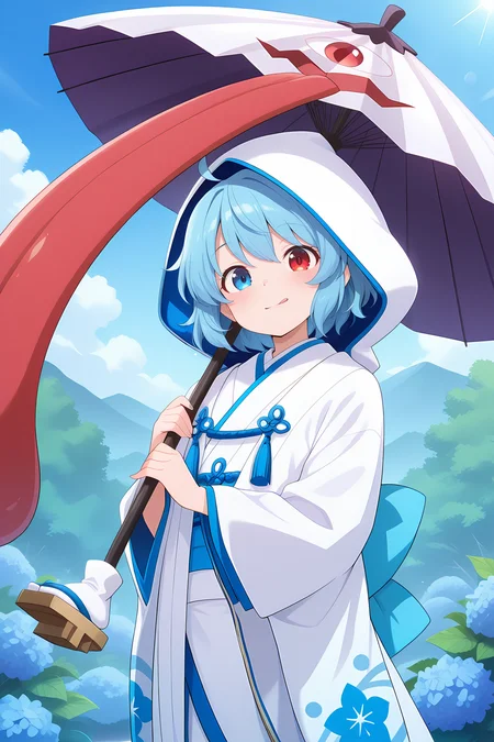 absurdres, highres, masterpiece, best quality, amazing quality, official anime artwork, screencap, anime screencap, outdoors, looking at viewer, light smile, dynamic pose,
<lora:Kogasa-Tatara_Illustrious:1> tatara kogasa, 1girl, solo, heterochromia, red eyes, blue eyes, blue hair, short hair,, ahoge, alternate color, alternate costume, blue trim, dress, holding umbrella, hydrangea, japanese clothes, karakasa obake, kimono, lens flare, long sleeves, shiromuku, uchikake, wedding dress, white kimono, white umbrella, wide sleeves,
:q, tongue out, open mouth, hood, white hood,