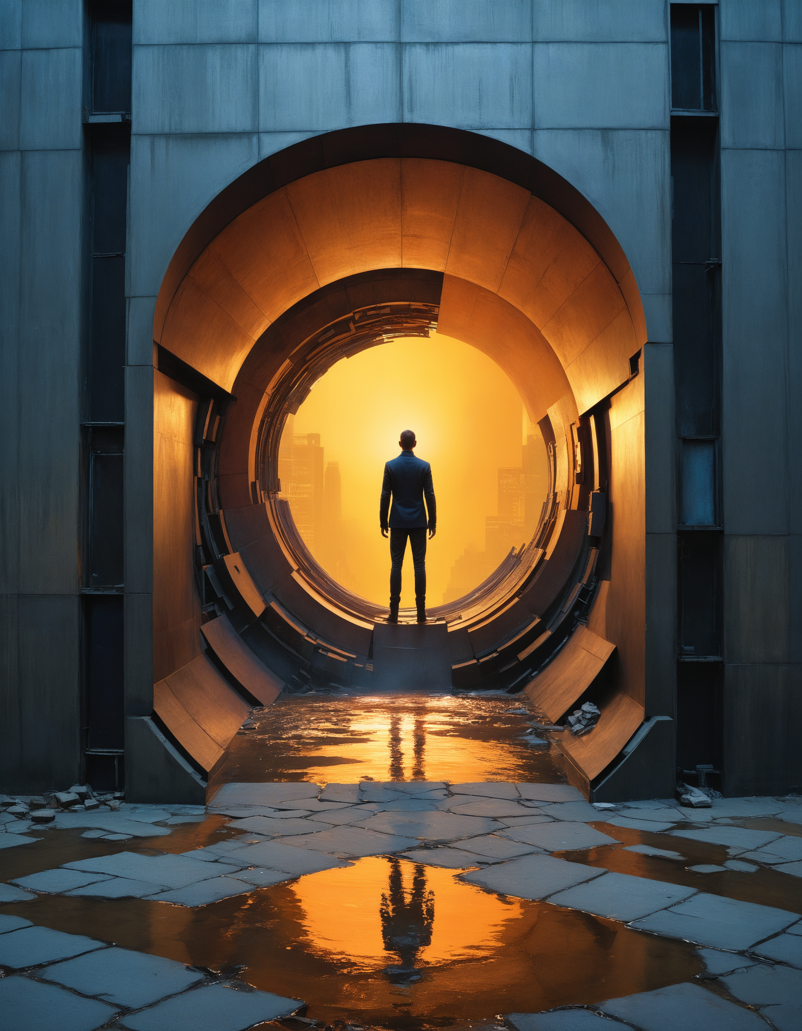 by Rafael Albuquerque and Antony Gormley, hyper realistic full view photo of  a (mystical portal opening in the middle of a bustling city, revealing a hidden realm of enchantment:1.1),  (ethereal , melancholic , eye-catching , odd , masterful:1.4), bold lines, hyper detailed, award winning, limited color palette, high contrast, depth of field, (intricate details, masterpiece, best quality:1.4)
dramatic cinematic lighting, film grain, looking at viewer, dynamic pose, wide angle panoramic view,
<lora:add-detail-xl:0.5> <lora:xl_more_art-full_v1:0.5> <lora:looking_at_viewer:2>