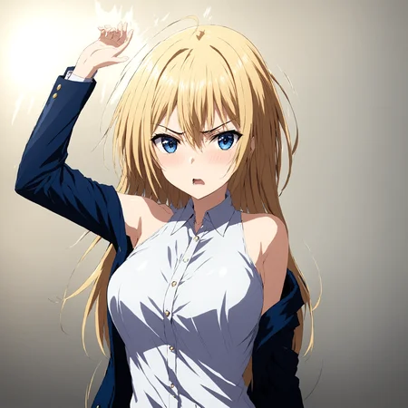 masterpiece, best quality,
1girl,solo,
<lora:gostlapped.sdxl.v1_r1:1> (imminentslap), arm up,
(motion blur), motion lines,
<lora:heronever_astel.sdxl.v1:1> astel, white shirt, blue jacket, bare shoulders, angry, disappointed,