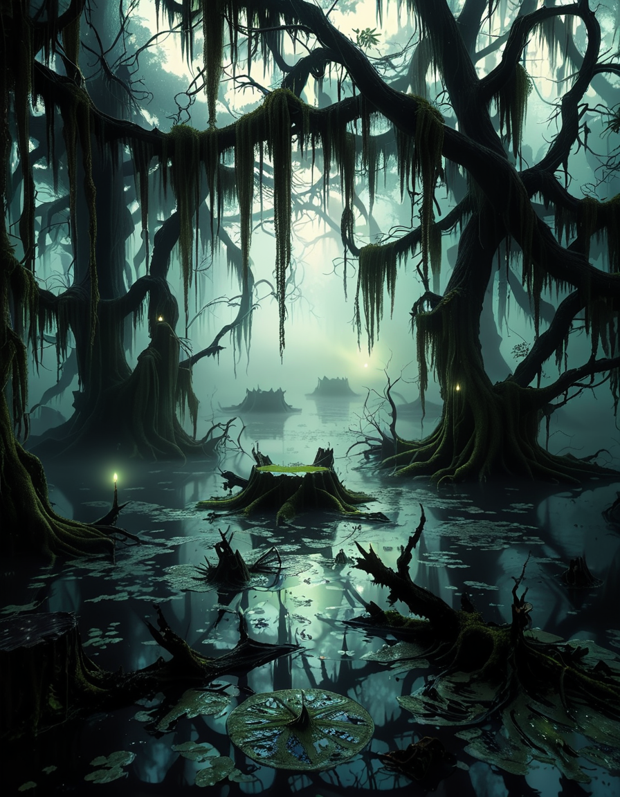 A demonic fairy woman sitting gracefully in an ominous swamp,0m1n0us sw4mp. She has a hauntingly beautiful appearance, with translucent, tattered wings resembling those of an insect, glowing faintly in a dark, eerie hue. Her skin is pale with subtle, intricate patterns like magical runes etched into it, and her eyes glow with an unsettling red or violet light. She wears an ethereal, dark gown made of shredded, otherworldly fabric that appears to flow like smoke, blending with the mist of the swamp. Her hair is long, wild, and black with streaks of silvery white, floating slightly as if affected by unseen magical energy.
The swamp around her is dark and foreboding, with twisted, gnarled trees reaching out like claws. The water is murky, reflecting a pale, sickly green glow from bioluminescent plants and fungi scattered throughout. The air is filled with a faint, ghostly mist, and strange, faint lights hover in the background, adding a mystical atmosphere. The lighting is dim, with a soft, ethereal glow illuminating the fairy woman from below, contrasting with the deep shadows of the swamp. The mood is dark, mysterious, and magical, evoking both beauty and menace.<lora:SDXLFaeTastic2400:0.4> <lora:extremely_detailed:0.4> extremely detailed, <lora:0m1n0us_sw4mp:1>, Masterpiece,best quality,hi res,8k,hi res,8k,award winning,(sharp focus, intricate, highly detailed),
