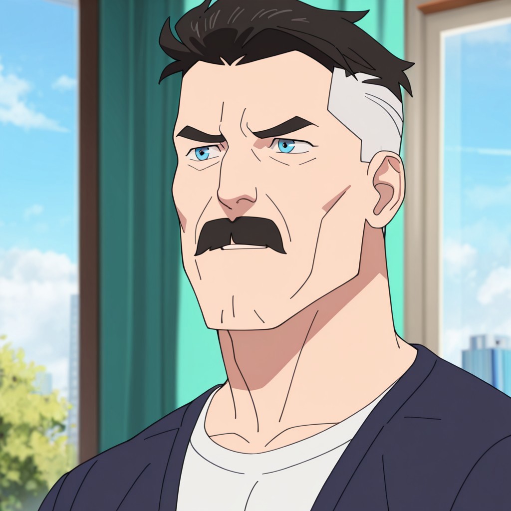 masterpiece, best quality, newest, absurdres, highres, Invincible-show-style-INVPACK.V1.0,
1boy, NOLAN-GREYSON-INVPACK.V1.0, two-tone hair, mustache, short hair, facial hair,