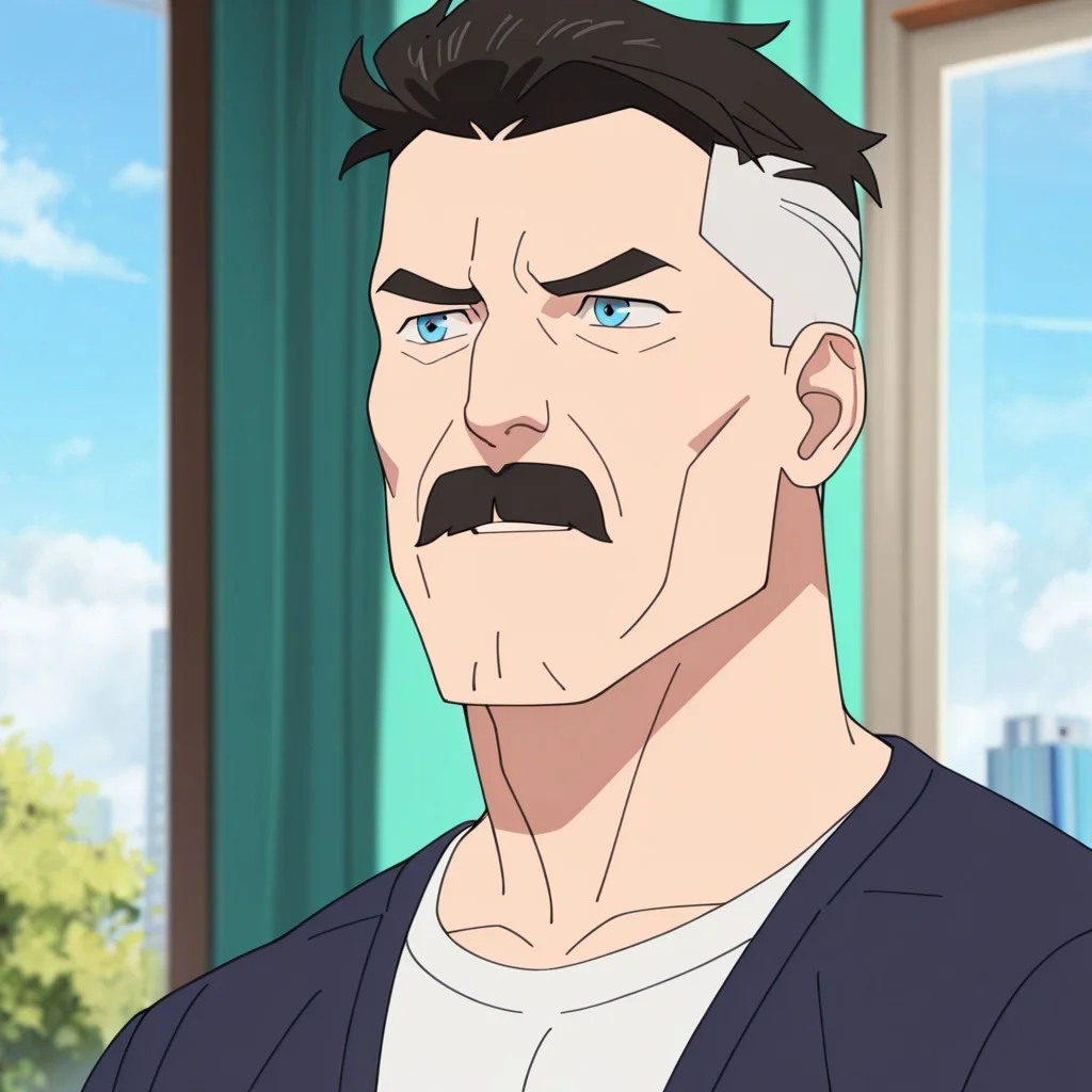 masterpiece, best quality, newest, absurdres, highres, Invincible-show-style-INVPACK.V1.0,
1boy, NOLAN-GREYSON-INVPACK.V1.0, two-tone hair, mustache, short hair, facial hair,