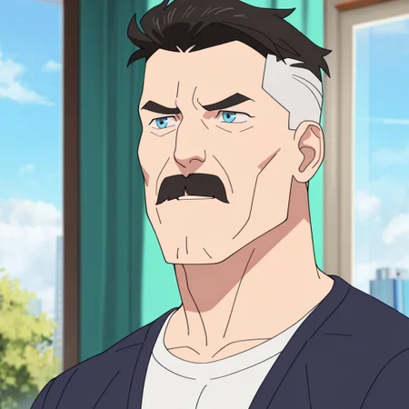 masterpiece, best quality, newest, absurdres, highres, Invincible-show-style-INVPACK.V1.0,
1boy, NOLAN-GREYSON-INVPACK.V1.0, two-tone hair, mustache, short hair, facial hair,