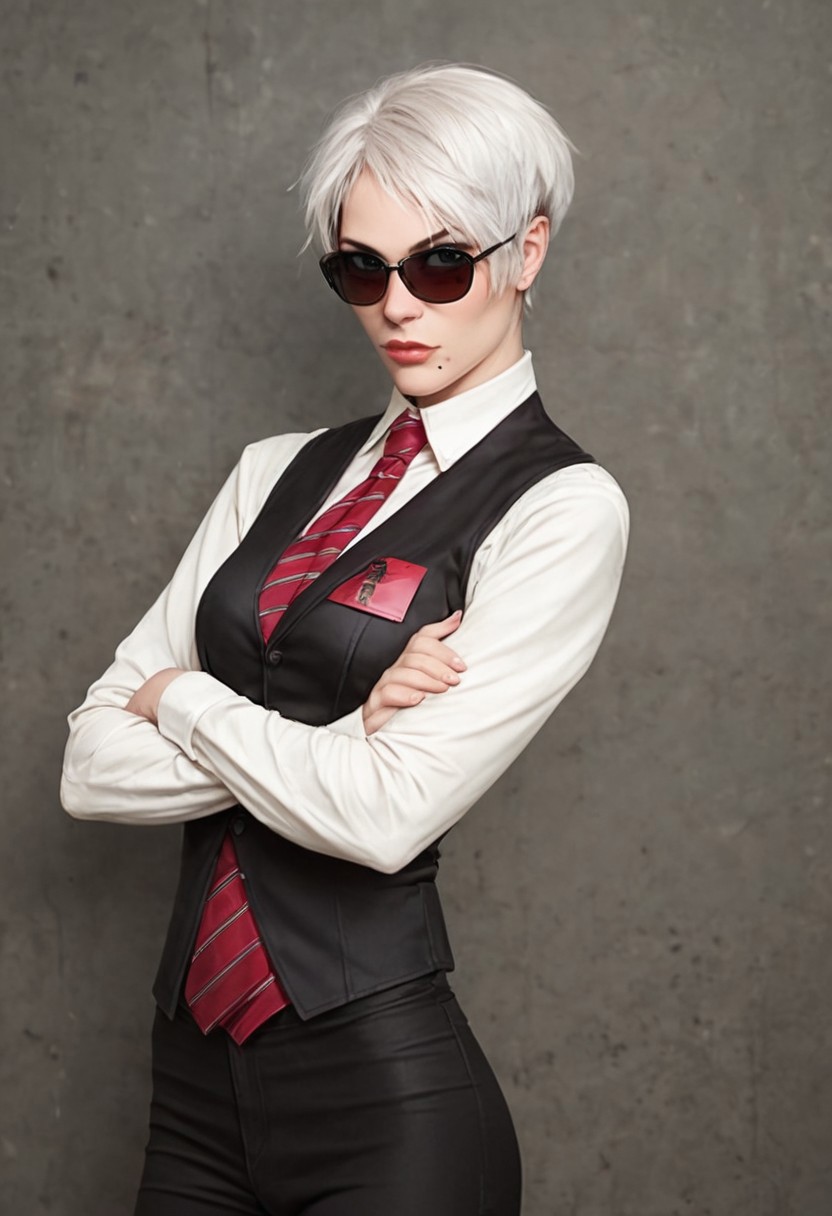 score_9, score_8_up, score_7_up, source_realistic, BREAK 1girl, solo, Strangelove, short hair, white hair, Sunglasses, mole under lips, white shirt, long sleeves, black waistcoat, red tie, black pants, crossed arms,