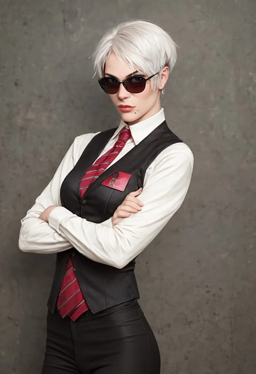 score_9, score_8_up, score_7_up, source_realistic, BREAK 1girl, solo, Strangelove, short hair, white hair, Sunglasses, mole under lips, white shirt, long sleeves, black waistcoat, red tie, black pants, crossed arms,