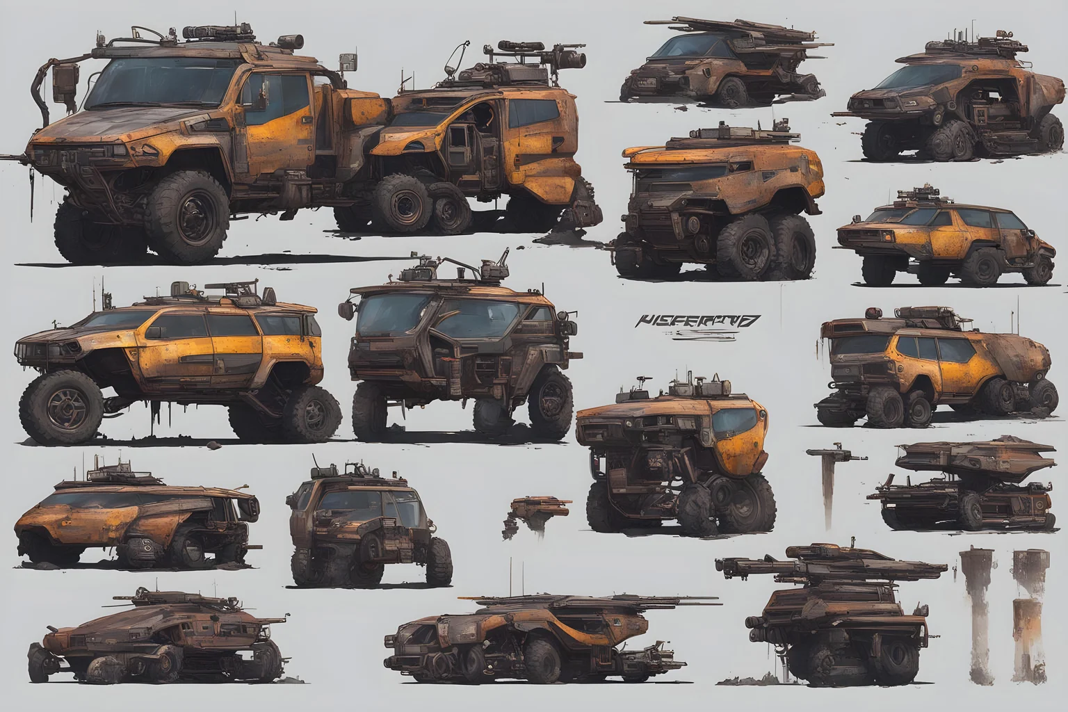 Metal texture, rusty, dirty, RPG game, sci-fi, cyberpunk, mega building, vehicle design, postapocalyptic, dystopian, futuristic, character sheet, Cyberpunk 2077, highres, super detailed, 2k, 4k, 8k, 16k, game asset, transparent background, frontal view, side view