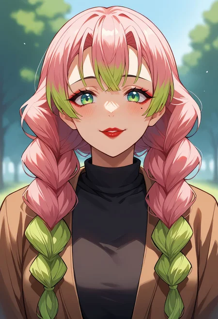 <lora:kanroji_mitsuri_pdxl_goofy:1>score_9,score_8_up,core_7_up, score_9, kanroji-mitsuri,multicolored hair, 1girl, solo, long hair, upper body,red lips,lipstick,makeup,mole under eye,twin braids, simple background, looking at viewer, breasts, closed mouth, parted lips, braid, bangs, smile, blush,brown jacket,black shirt, black turtleneck, turtleneck, outdoors, blurry background, depth of field,