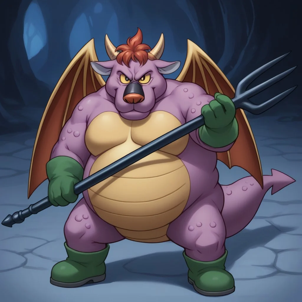 score_9,score_8_up, 2d, game, illustrated, detail face, detail eyes, detail spear,
Archdemon Archdemon(DragonQuest), male, 4fingers:1.3,
green gloves, green boots, wings, tail, manly cute face, fat, big belly, thick chest, fat face,
in dark cave, at evening,
small eyes,
holding long spear,
aggressive, glare at viewer, smirk,