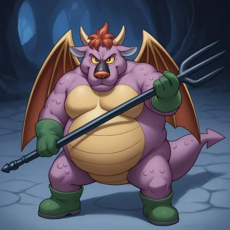 score_9,score_8_up, 2d, game, illustrated, detail face, detail eyes, detail spear,
Archdemon Archdemon(DragonQuest), male, 4fingers:1.3,
green gloves, green boots, wings, tail, manly cute face, fat, big belly, thick chest, fat face,
in dark cave, at evening,
small eyes,
holding long spear,
aggressive, glare at viewer, smirk,