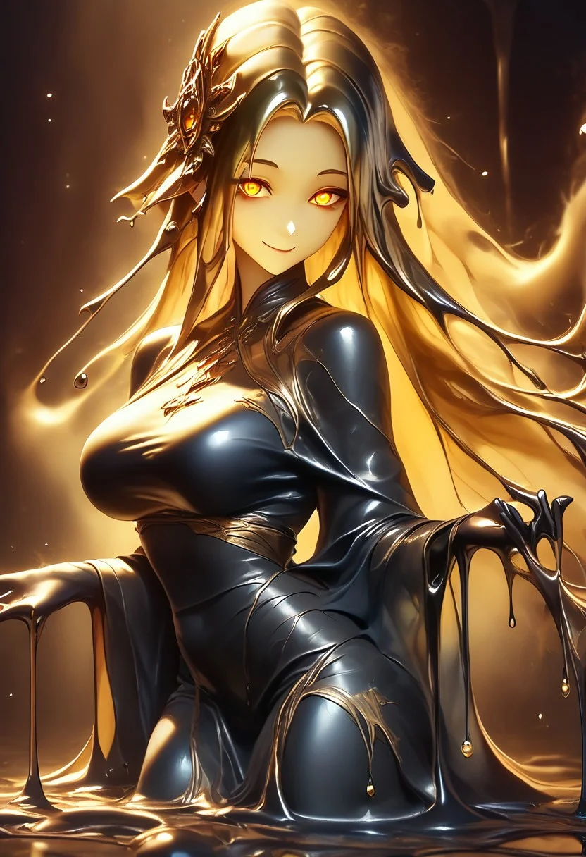 score_9, score_8_up, score_9_up, score_7_up, high quality, masterpiece, highly detailed, 1 girl, (((black slime girl))), large breasts, girl see through body. DonM5h4d0wM317XL, gold and black kimono dress, golden hair ornament, long hair, glowing golden eyes, sexy pose, dark forest background, sexy smile