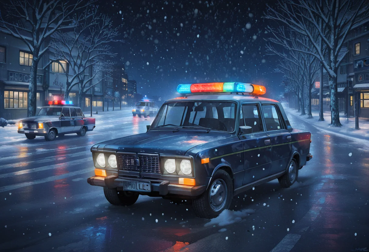 masterpiece, best quality, Graphic Design, color art, vibrant colors, colorful, intricate details, high contrast, detailed background, beautiful detailed, beautiful face, detailed eyes, detailed face, new, newest, no humans, vehicle focus, zh1g4, car, street, city, police car, anime, dark, night, headlights, winter, snow, snowing,
